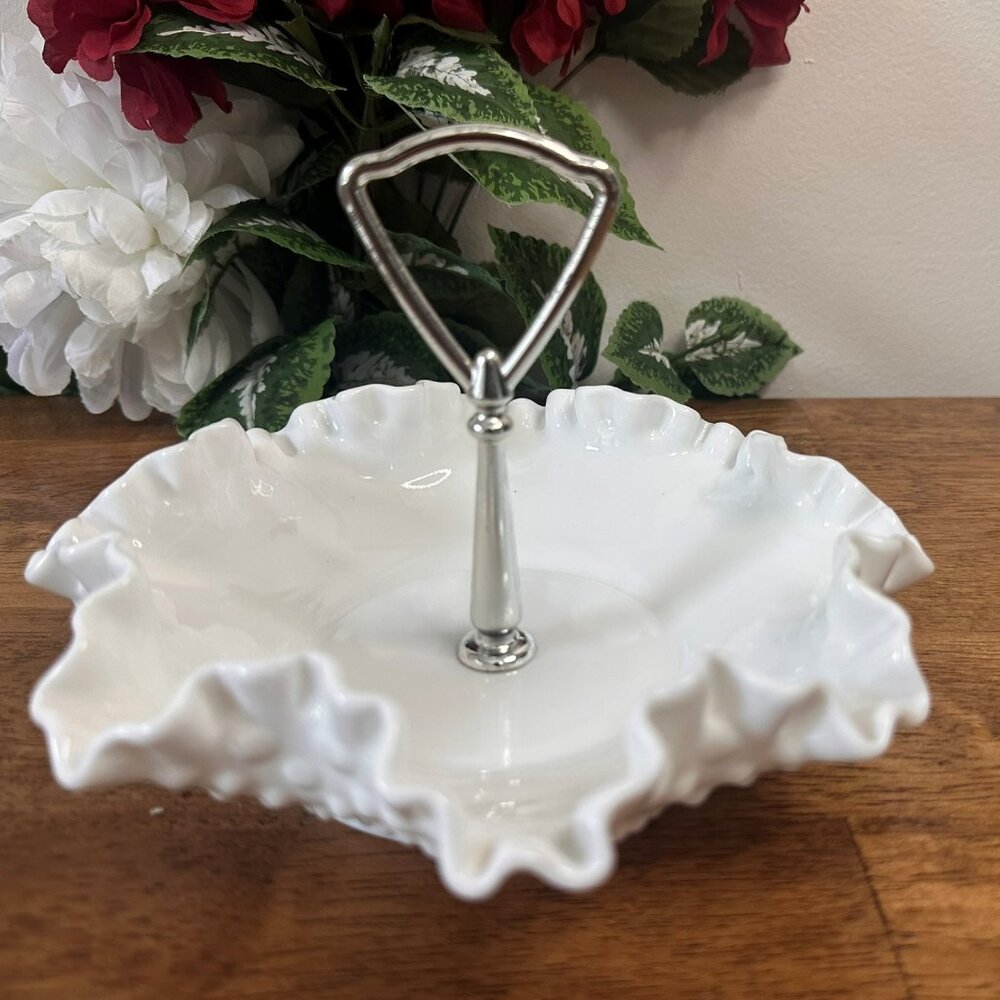 Fenton Hobnail Milk Glass‎ Sandwich Tray Tidbit Server Ruffled Edge Handle